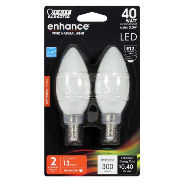 Feit Electric Feit Enhance B10 E12 (Candelabra) Filament LED Bulb Soft White 40 Watt Equivalence 2 pk BPCTF40927CAFL2 - main